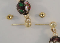 Vintage 14K Solid Yellow Gold w/ Purple Pink & White Floral Enamel Cloisonne Ball & Pearl Cluster Drop Dangle Pierced Earrings