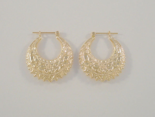 Large Signed Vintage 14K Solid Yellow Gold Ornately Carved Repousse Hinged Hoop Pierced Earrings 29x26.5x6.25mm Detailed