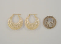 Large Signed Vintage 14K Solid Yellow Gold Ornately Carved Repousse Hinged Hoop Pierced Earrings 29x26.5x6.25mm Detailed