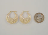 Large Signed Vintage 14K Solid Yellow Gold Ornately Carved Repousse Hinged Hoop Pierced Earrings 29x26.5x6.25mm Detailed