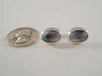 Large Vintage Signed Janice Girardi Sterling Silver Rainbow Peacock Abalone Iridescent Blue-Grey Paua Oval Stud Pierced Earrings