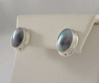 Large Vintage Signed Janice Girardi Sterling Silver Rainbow Peacock Abalone Iridescent Blue-Grey Paua Oval Stud Pierced Earrings