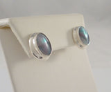 Large Vintage Signed Janice Girardi Sterling Silver Rainbow Peacock Abalone Iridescent Blue-Grey Paua Oval Stud Pierced Earrings