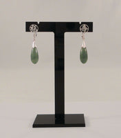 Long Vintage 10K Solid White Gold Asian Symbol Medallion Topped w/ Translucent Green Jade Teardop Dangle Screwback Earrings