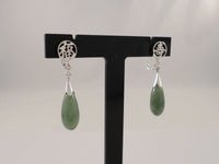 Long Vintage 10K Solid White Gold Asian Symbol Medallion Topped w/ Translucent Green Jade Teardop Dangle Screwback Earrings