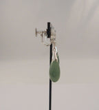 Long Vintage 10K Solid White Gold Asian Symbol Medallion Topped w/ Translucent Green Jade Teardop Dangle Screwback Earrings