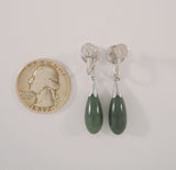 Long Vintage 10K Solid White Gold Asian Symbol Medallion Topped w/ Translucent Green Jade Teardop Dangle Screwback Earrings