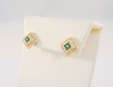 Signed Vintage ADL 14K Solid Yellow Gold Invisible Set Princess Cut Emerald & Round Brilliant Diamond Tiered Design Stud Pierced Earrings 13mm