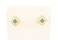 Signed Vintage ADL 14K Solid Yellow Gold Invisible Set Princess Cut Emerald & Round Brilliant Diamond Tiered Design Stud Pierced Earrings 13mm