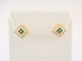 Signed Vintage ADL 14K Solid Yellow Gold Invisible Set Princess Cut Emerald & Round Brilliant Diamond Tiered Design Stud Pierced Earrings 13mm