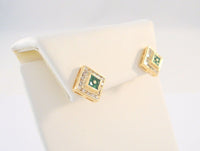 Signed Vintage ADL 14K Solid Yellow Gold Invisible Set Princess Cut Emerald & Round Brilliant Diamond Tiered Design Stud Pierced Earrings 13mm