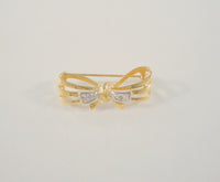Dainty Vintage Solid 14K Yellow Gold & Diamonds Detailed Dimensional Openwork Bow Pin Brooch