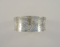 Bold Chunky Vintage Handcrafted Signed SKJ Sterling Silver Modernist Convex 25.4mm Wide Cuff Bracelet W/ Abstract Carved Designs 6.5"