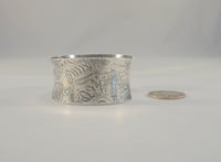 Bold Chunky Vintage Handcrafted Signed SKJ Sterling Silver Modernist Convex 25.4mm Wide Cuff Bracelet W/ Abstract Carved Designs 6.5"