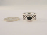 Large Vintage Sterling Silver & Black Onyx Open Scrollwork Band Ring 10mm Wide Curvy Thick Cut Out Ring Size 7.5