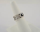 Large Vintage Sterling Silver & Black Onyx Open Scrollwork Band Ring 10mm Wide Curvy Thick Cut Out Ring Size 7.5