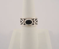 Large Vintage Sterling Silver & Black Onyx Open Scrollwork Band Ring 10mm Wide Curvy Thick Cut Out Ring Size 7.5