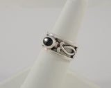 Large Vintage Sterling Silver & Black Onyx Open Scrollwork Band Ring 10mm Wide Curvy Thick Cut Out Ring Size 7.5