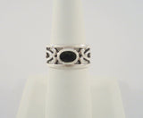 Large Vintage Sterling Silver & Black Onyx Open Scrollwork Band Ring 10mm Wide Curvy Thick Cut Out Ring Size 7.5