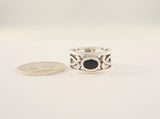 Large Vintage Sterling Silver & Black Onyx Open Scrollwork Band Ring 10mm Wide Curvy Thick Cut Out Ring Size 7.5