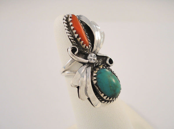 Large Handcrafted Vintage Native American Sterling Silver Blue-Green Turquoise and Spiny Oyster Sawtooth Set Split-Side Ring Size 6