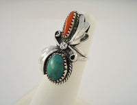 Large Handcrafted Vintage Native American Sterling Silver Blue-Green Turquoise and Spiny Oyster Sawtooth Set Split-Side Ring Size 6