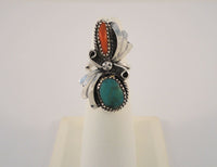 Large Handcrafted Vintage Native American Sterling Silver Blue-Green Turquoise and Spiny Oyster Sawtooth Set Split-Side Ring Size 6