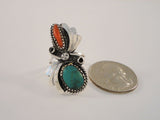 Large Handcrafted Vintage Native American Sterling Silver Blue-Green Turquoise and Spiny Oyster Sawtooth Set Split-Side Ring Size 6