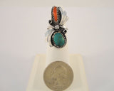 Large Handcrafted Vintage Native American Sterling Silver Blue-Green Turquoise and Spiny Oyster Sawtooth Set Split-Side Ring Size 6