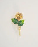 Detailed Vintage Handcrafted Signed Yellow Gold Vermeil over Sterling Silver & Green Enamel Leafy Dimensional Filigree Rose Flower Brooch Pin