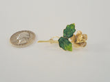 Detailed Vintage Handcrafted Signed Yellow Gold Vermeil over Sterling Silver & Green Enamel Leafy Dimensional Filigree Rose Flower Brooch Pin
