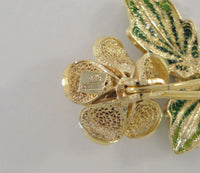 Detailed Vintage Handcrafted Signed Yellow Gold Vermeil over Sterling Silver & Green Enamel Leafy Dimensional Filigree Rose Flower Brooch Pin