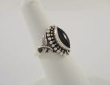 Bold Signed Vintage Sterling Silver & Black Onyx Ring w/ Caviar Beading & Carved Leafy Details Size 6.5