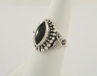 Bold Signed Vintage Sterling Silver & Black Onyx Ring w/ Caviar Beading & Carved Leafy Details Size 6.5