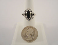 Bold Signed Vintage Sterling Silver & Black Onyx Ring w/ Caviar Beading & Carved Leafy Details Size 6.5