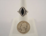 Bold Signed Vintage Sterling Silver & Black Onyx Ring w/ Caviar Beading & Carved Leafy Details Size 6.5