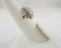 Bold Signed Vintage Sterling Silver & Black Onyx Ring w/ Caviar Beading & Carved Leafy Details Size 6.5