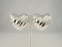 Large Signed Vintage Sterling Silver Taxco Mexican Repousse Diagonally Fluted Puffy Heart Clip On Earrings