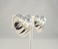 Large Signed Vintage Sterling Silver Taxco Mexican Repousse Diagonally Fluted Puffy Heart Clip On Earrings