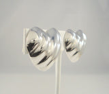 Large Signed Vintage Sterling Silver Taxco Mexican Repousse Diagonally Fluted Puffy Heart Clip On Earrings