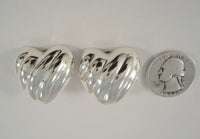 Large Signed Vintage Sterling Silver Taxco Mexican Repousse Diagonally Fluted Puffy Heart Clip On Earrings