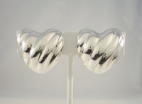 Large Signed Vintage Sterling Silver Taxco Mexican Repousse Diagonally Fluted Puffy Heart Clip On Earrings