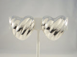 Large Signed Vintage Sterling Silver Taxco Mexican Repousse Diagonally Fluted Puffy Heart Clip On Earrings
