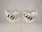 Large Signed Vintage Sterling Silver Taxco Mexican Repousse Diagonally Fluted Puffy Heart Clip On Earrings