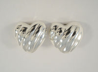 Large Signed Vintage Sterling Silver Taxco Mexican Repousse Diagonally Fluted Puffy Heart Clip On Earrings