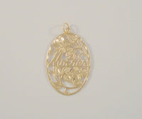 Large Sparkly Signed Vintage Solid 14K Yellow Gold Diamond Cut Oval Pendant with Flowers and Vines Framing the Script Word, "Mother"