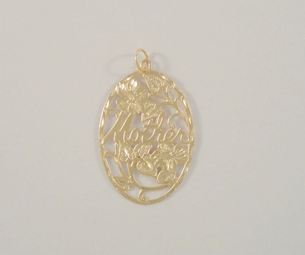 Large Sparkly Signed Vintage Solid 14K Yellow Gold Diamond Cut Oval Pendant with Flowers and Vines Framing the Script Word, "Mother"