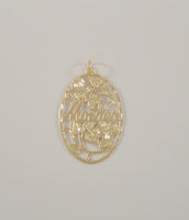 Large Sparkly Signed Vintage Solid 14K Yellow Gold Diamond Cut Oval Pendant with Flowers and Vines Framing the Script Word, "Mother"