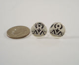 Unusual Vintage New Old Stock Sterling Silver & Black Enamel Southwestern Carved Tribal Design Round Stud Pierced Earrings 12mm NOS