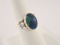 Chunky Vintage Southwest Artisan Sterling Silver & Sawtooth Set Azurite Malachite Split Side Ring w/ Bead Details Size 7.5